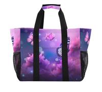 Sevdomey Purple Flowers and Butterflies Large Beach Bag Waterproof Canvas Tote with Pockets for Women Travel Gym Pool