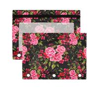 Sevdomey Roses and Red Flowers Pencil Pouch 3 Ring with Clear Window, 2 Pack Zipper Binder Bag for Office