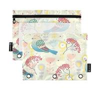 Sevdomey Rowan Berries and Bird Pencil Pouch 3 Ring with Clear Window, 2 Pack Zipper Binder Bag for Office