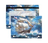 Sevdomey Sailing Ship Pencil Pouch 3 Ring with Clear Window, 2 Pack Zipper Binder Bag for Office