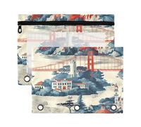 Sevdomey San Francisco Landmarks Pencil Pouch 3 Ring with Clear Window, 2 Pack Zipper Binder Bag for Office