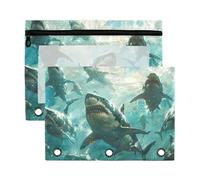 Sevdomey Sharks Pencil Pouch 3 Ring with Clear Window, 2 Pack Zipper Binder Bag for Office