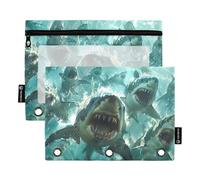 Sevdomey Sharks Pencil Pouch 3 Ring with Clear Window, 2 Pack Zipper Binder Bag for Office