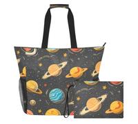 Sevdomey Solar System Planets Beach Tote Bag Large 36L with Wet Dry Compartment, Waterproof Travel Gym Pool Swim Sandproof Carryall