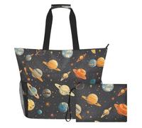 Sevdomey Solar System Planets Beach Tote Bag Large 36L with Wet Dry Compartment, Waterproof Travel Gym Pool Swim Sandproof Carryall