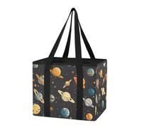 Sevdomey Solar System Planets Reusable Grocery Bags Large, Heavy Duty Water Resistant Foldable Storage Tote with Removable Bottom Board for Car Trunk, Picnic, Camping