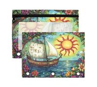 Sevdomey Sun and Ship Pencil Pouch 3 Ring with Clear Window, 2 Pack Zipper Binder Bag for Office
