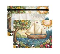 Sevdomey Sun and Ship Pencil Pouch 3 Ring with Clear Window, 2 Pack Zipper Binder Bag for Office