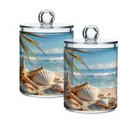 Sevdomey Sunny Beach Scene Qtip Holder with Lid Set of 2, Clear Plastic Apothecary Jars Bathroom Storage Containers for Cotton Ball, Cotton Swab, Cotton Round Pads, Floss