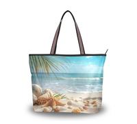 Sevdomey Sunny Beach Scene Tote Bag for Women with Zipper, Large Capacity Canvas Handbag for Work, Travel & Shopping