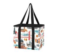 Sevdomey The World Landmarks Reusable Grocery Bags Large, Heavy Duty Water Resistant Foldable Storage Tote with Removable Bottom Board for Car Trunk, Picnic, Camping