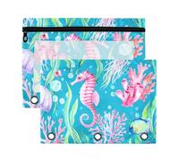 Sevdomey Underwater Seahorses Pencil Pouch 3 Ring with Clear Window, 2 Pack Zipper Binder Bag for Office