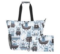Sevdomey Vikings Ship Beach Tote Bag Large 36L with Wet Dry Compartment, Waterproof Travel Gym Pool Swim Sandproof Carryall