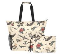 Sevdomey Vintage Old-school Tattoo Beach Tote Bag Large 36L with Wet Dry Compartment, Waterproof Travel Gym Pool Swim Sandproof Carryall