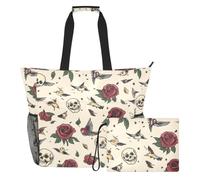 Sevdomey Vintage Old-school Tattoo Beach Tote Bag Large 36L with Wet Dry Compartment, Waterproof Travel Gym Pool Swim Sandproof Carryall