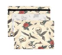 Sevdomey Vintage Old-School Tattoo Pencil Pouch 3 Ring with Clear Window, 2 Pack Zipper Binder Bag for Office