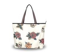 Sevdomey Vintage Old-school Tattoo Tote Bag for Women with Zipper, Large Capacity Canvas Handbag for Work, Travel & Shopping