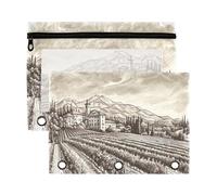 Sevdomey Vintage Vineyards Landscape Pencil Pouch 3 Ring with Clear Window, 2 Pack Zipper Binder Bag for Office