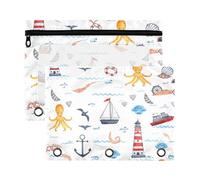 Sevdomey Watercolor Boats Pencil Pouch 3 Ring with Clear Window, 2 Pack Zipper Binder Bag for Office