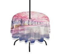 Sevdomey Watercolor Cherry Blossom Round Tablecloth 60 Inch, Polyester Lace Edge Table Cover with Umbrella Hole & Zipper, Easy Clean for Kitchen Dining Patio Picnic