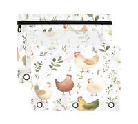 Sevdomey Watercolor Chickens Pencil Pouch 3 Ring with Clear Window, 2 Pack Zipper Binder Bag for Office