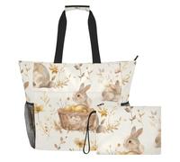 Sevdomey Watercolor Easter Bunny Beach Tote Bag Large 36L with Wet Dry Compartment, Waterproof Travel Gym Pool Swim Sandproof Carryall