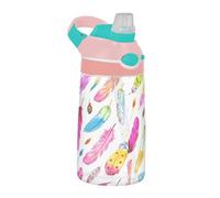 Sevdomey Watercolor Feathers Kids Water Bottle with Straw for Girls Boys, Stainless Steel Insulated Leakproof Water 480ml for School Nursery Travel Sports