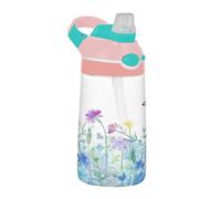 Sevdomey Watercolor Flowers Butterflies Kids Water Bottle with Straw for Girls Boys, Stainless Steel Insulated Leakproof Water 480ml for School Nursery Travel Sports