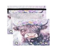 Sevdomey Watercolor Highland Cow Pencil Pouch 3 Ring with Clear Window, 2 Pack Zipper Binder Bag for Office