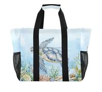 Sevdomey Watercolor Sea Turtle Large Beach Bag Waterproof Canvas Tote with Pockets for Women Travel Gym Pool