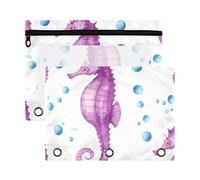 Sevdomey Watercolor Seahorses Pencil Pouch 3 Ring with Clear Window, 2 Pack Zipper Binder Bag for Office