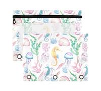Sevdomey Watercolor Seahorses Pencil Pouch 3 Ring with Clear Window, 2 Pack Zipper Binder Bag for Office