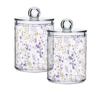 Sevdomey Watercolor Wildflower Qtip Holder with Lid Set of 2, Clear Plastic Apothecary Jars Bathroom Storage Containers for Cotton Ball, Swab, Round Pads, Floss