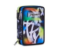 Seven BUZZY NOTE BOY 3 Zip School Pencil Case, Multi-Colour, Equipped Pen Holder, Triple Compartment, 45 Pieces, Complete with Pens, Pencils and Colours, Accessories Backpack, Elementary School