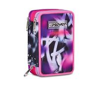 Seven BUZZY NOTE GIRL 3 Zip School Case, Pink, Equipped Pen Holder, Triple Compartment, 45 Pieces, Complete with Pens, Pencils and Colours, Accessories Backpack, Elementary School, Kindergarten, Girl