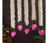 Seven Chakra Tree 14 Inch Strings Jasmine Garland Toran with Lotus Buds for Pooja Decoration (Set of 5) Artificial Mogra Jasmine Garland Wall Hanging for Varalakshmi Puja, Indian Decorations for Home
