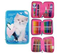 Seven Colour Code Pencil Case, 3 Zip Pen Holder with Full Stationery Set, Animal Designs, blue, modern