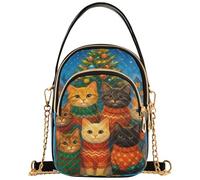 Seven Cute Cats Festive Sweaters Womens Shoulder Handbag Chain Strap Phone Wallet Handbag Floral Print Zipper Satchel Crossbody Tote, 5.9" × 8.3" × 3.1", 5.91x3.15x8.27inches