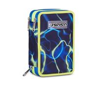 Seven Electrivibe Boy 3 Zip School Pencil Case, Blue, Equipped Pen Holder, Triple Compartment, 45 Pieces, Complete with Pens, Pencils and Colours, Accessories Backpack, Primary School, Kindergarten