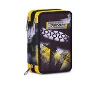 Seven Golden Paint 3 Zip School Pencil Case, Black, Equipped Pen Holder, Triple Compartment, 45 Pieces, Complete with Pens, Pencils and Colours, Accessories Backpack, Primary School, Kindergarten, for