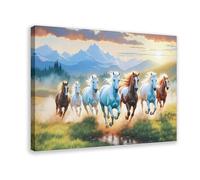 Seven Horses Running Painting With Sunrise Vastu Canvas Print Wall Art Painting Poster for Living Room Bedroom Office Decor, 24x36inch(60x90cm) Frame