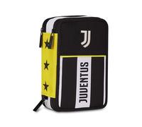 Seven Juventus School Pencil Case 3 Zip, Black, Triple Compartment Pen Holder Complete with Pens, Pencils, Colours, Elementary School, Children, Football, Black, Modern