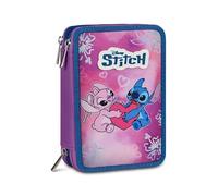 Seven Lilo & Stitch 3 Zip Pencil Case, Triple Compartment, Complete with Pencils, Marker, Colours, Backpack Accessories, Elementary, Medium, Top, Blue Deep, Girls and Girls, Pink