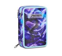 Seven Lovepass 3-Zip School Pencil Case, Purple, Equipped Pen Holder, Triple Compartment, 45 Pieces, Complete with Pens and Colours, Accessories Backpack, Primary School, Kindergarten, Girl