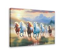 Seven Lucky Horse 7 Running Horses Wall Art Vastu Canvas Print Wall Art Landscape Picture Painting Poster for Living Room Bedroom Office Decor 16x24inch(40x60cm) Frame