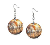 Seven Lucky Running Wild Horses Earrings for Women Round Dangle Earrings Wooden Drop Earring Jewelry Gifts