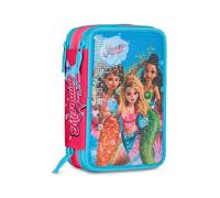 Seven Mermaid Magic 3 Zip Pencil Case, Light Blue, Triple Compartment Pen Holder Complete with Pens, Pencils, Colours, Elementary School, Girls, Sky Blue, Modern