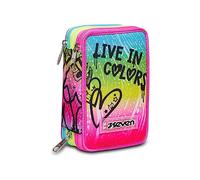 SEVEN Pencil Case 3 Compartments, Pink, Triple Compartment, Complete with Pencils, Markers, Colours, Backpack Accessories, Elementary, Medium, Upper, Multi-Coloured, Vibrant and Colourful