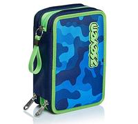 Seven Pencil Case, Equipped with Pencils, Markers etc., School and Time L, 3 Zip Compartments for Children and Teenagers, Blue (Delft Blue)