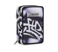 Seven PLUMPY LINE BOY 3 Zip School Pencil Case, Black, Equipped Pen Holder, Triple Compartment, 45 Pieces, Complete with Pens, Pencils and Colours, Accessories Backpack, Primary School, Kindergarten